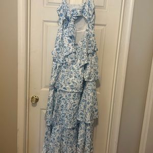 Tiered blue and white maxi dress with tie open back